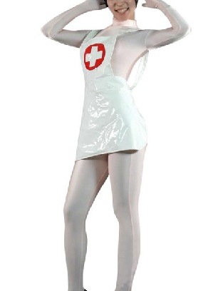 White and Red PVC Nurse Style Catsuit with Cap