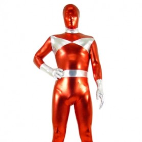 Silver And Red Shiny Metallic Full body Zentai Suit