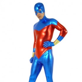 Suitable Blue And Red Shiny Metallic Unisex Full body Zentai Suit