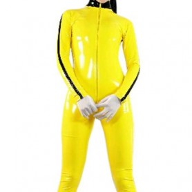 Yellow Front Open With Stripe Pattern Shiny PVC Catsuit