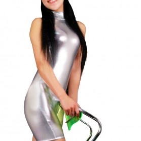 Silver Shiny Metallic Half Length Sleeveless Unisex Catsuit