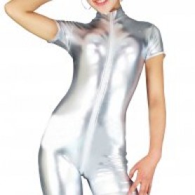 Silver Shiny Metallic Half Length Unisex Catsuit