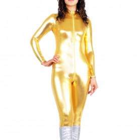 Golden Shiny Metallic Front Open Unisex Catsuit