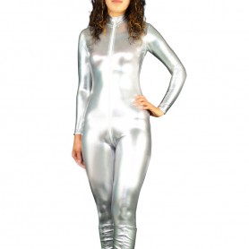 Silver Shiny Metallic Front Open Unisex Catsuit