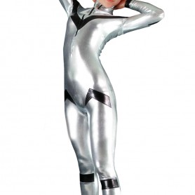 Silver Shiny Metallic Unisex Catsuit with Black V Pattern