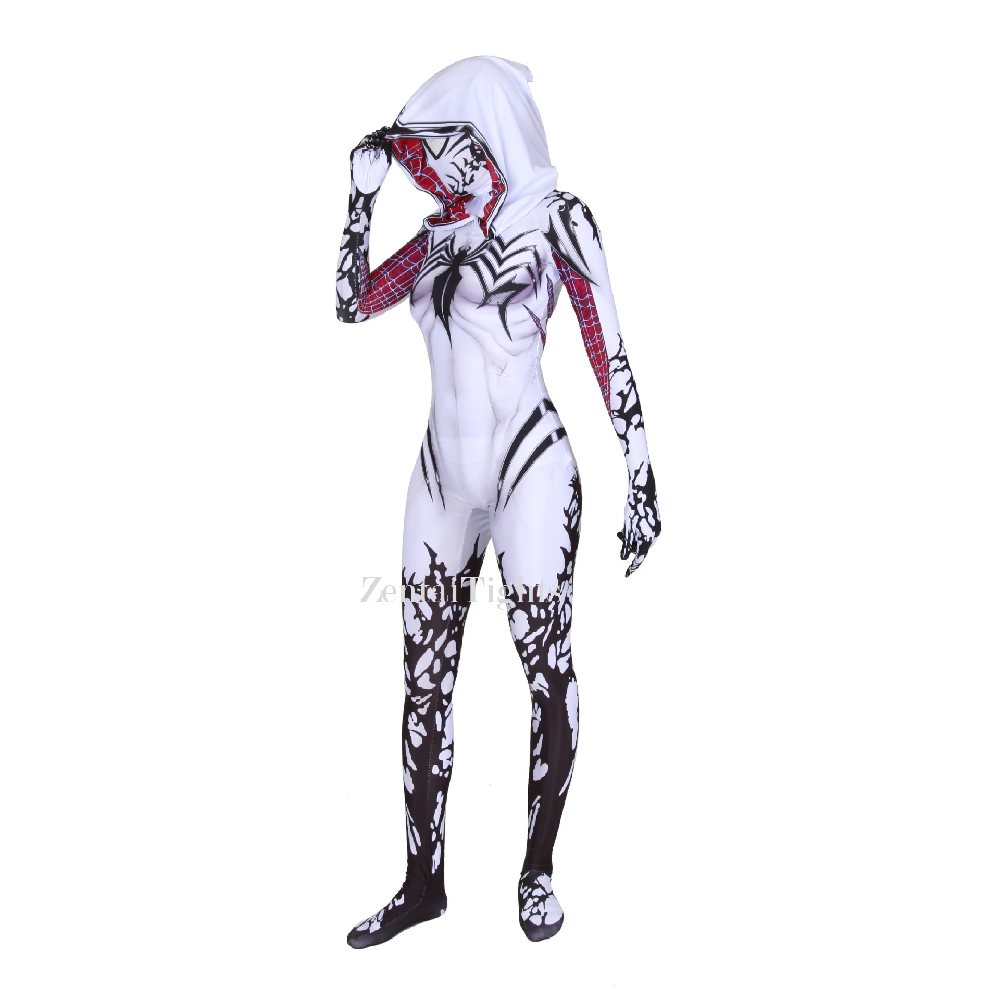 Lycra 3D Printed Women\'s White Venom Cloak Big Spider Tights Cosplay Costume