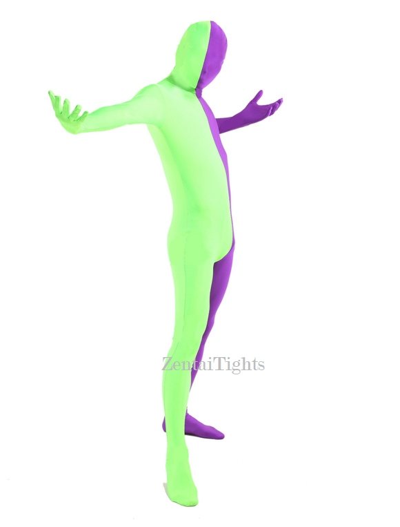 Halloween Green Purple split costume Lycra Spandex Full Body Zentai Suit