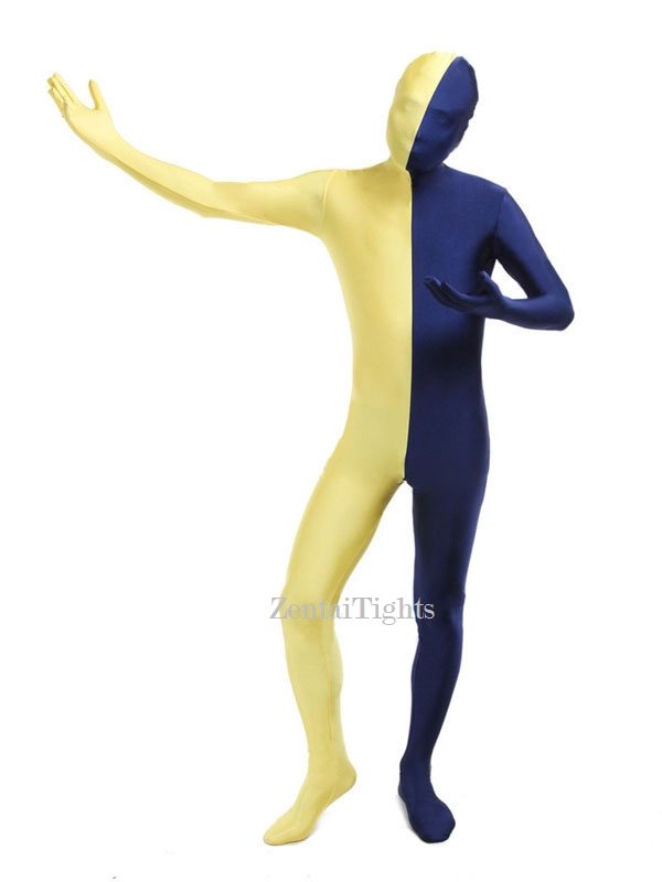 Halloween Yellow and Dark Navy split costume Lycra Spandex Full Body Zentai Suit