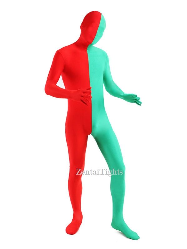 Halloween Red Green split costume Lycra Spandex Full Body Zentai Suit