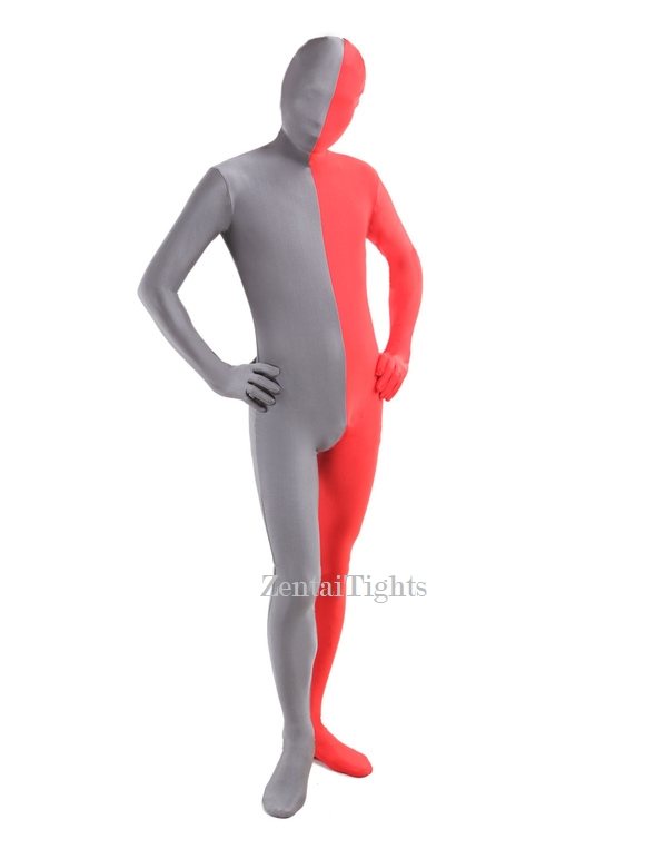Halloween Red and Grey split Zentai costume Full Body Lycra Spandex zentai suit