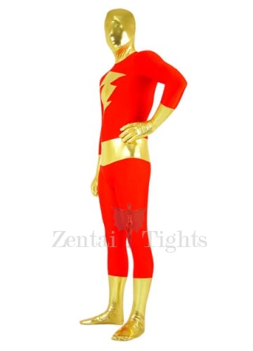 Red with Gold Shiny Metallic Lycra Spandex Super Hero Full body Zentai Suit