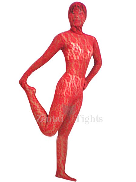 Red Transparent Lace Velour Full body Zentai Suit