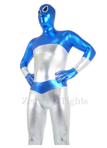 Silver And Blue Shiny Metallic Full body Zentai Suit