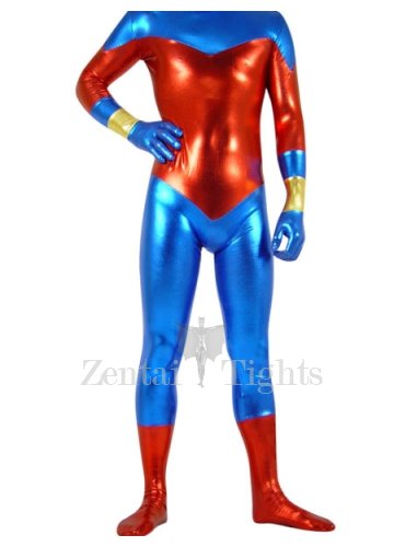 Suitable Blue And Red Shiny Metallic Unisex Full body Zentai Suit