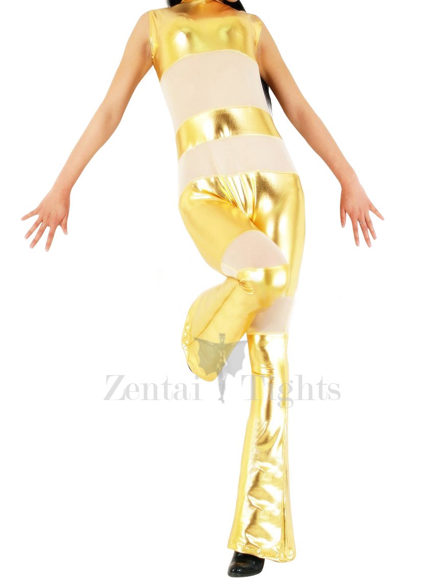 Gold Shiny Metallic with Velour Fabric Half Length Sleeveless Catsuit