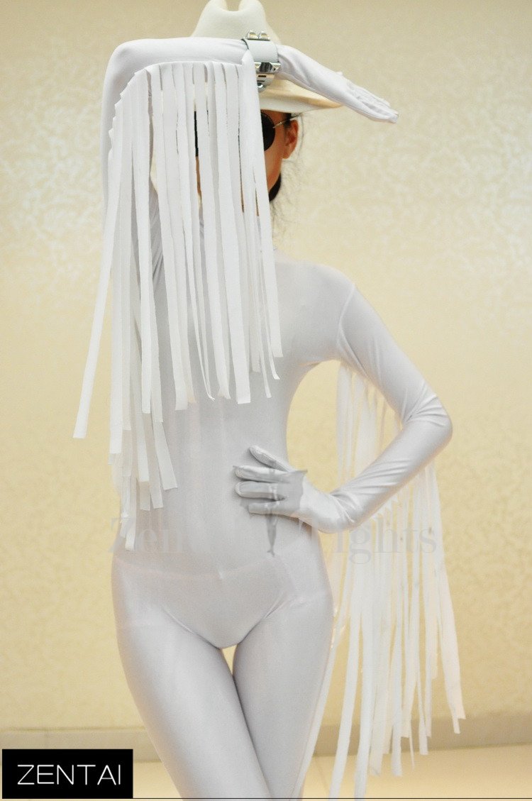 Cowboy Style Fringed White Lycra Tights Soft Breathable and Elastic Full body Zentai Suits Costume